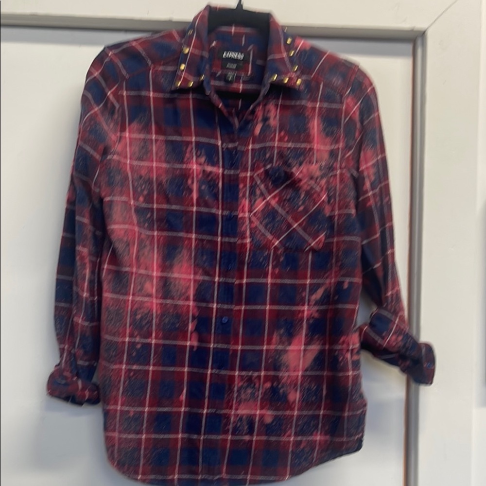 Hand bleached /studded Red and express boyfriend flannel